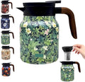 Vintage Floral Pattern Tea Pots – Built-in Infuser,Vintage Floral Teapot with Built In Infuser Stainless Steel Thermal Carafe with Lid for Hot Drinks,Green(Wooden handle,35oz)