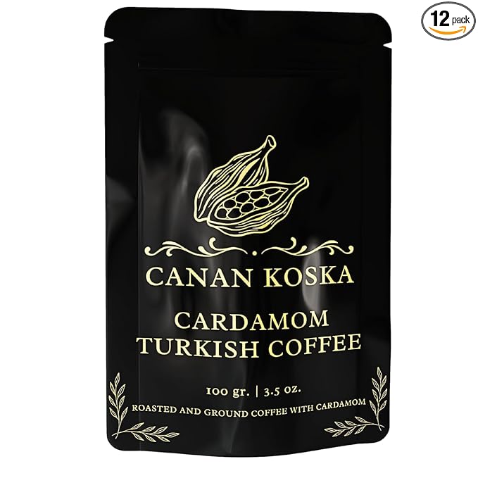 Canan Koska Cardamom Turkish Coffee - Premium Ground Coffee With Natural Cardamom Grounds, Medium Roast, Traditional Ottoman Recipe - 3.5oz (100g) - Pack Of 12