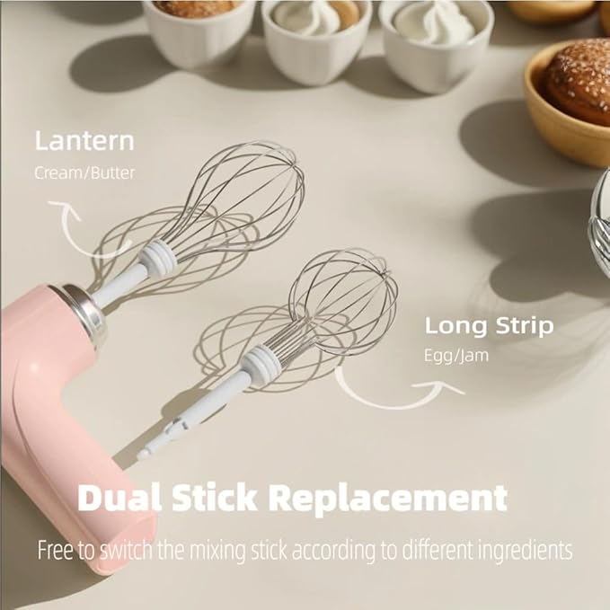 Cordless Hand Mixer, One Touch Off Handheld Electric Whisk with 3 Speed Modes, Hand Held Egg Beater with 2 Detachable Stir Whisks (Pink)
