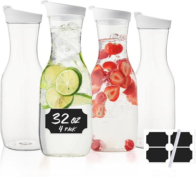 Water Carafe with Lid, 32 Oz Round Plastic Pitcher for Drinks, Milk, Mimosa Bar Supplies, Iced Tea, Juice Containers with Lids for Fridge, BPA-Free, NOT DISHWASHER SAFE, 4 Pack