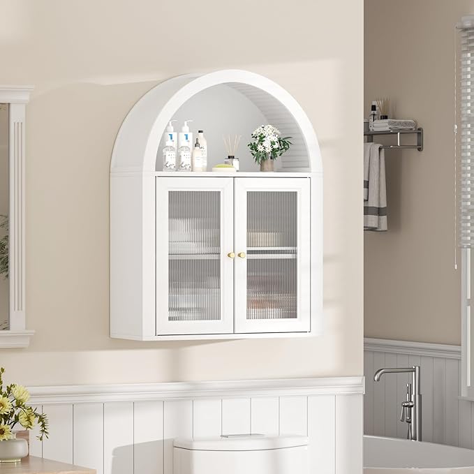Arched Bathroom Cabinet, Wall Mounted Bathroom Cabinet with Tempered Glass Doors and Adjustable Shelf, for Kitchen, Living Room, Laundry Room, Restroom, White