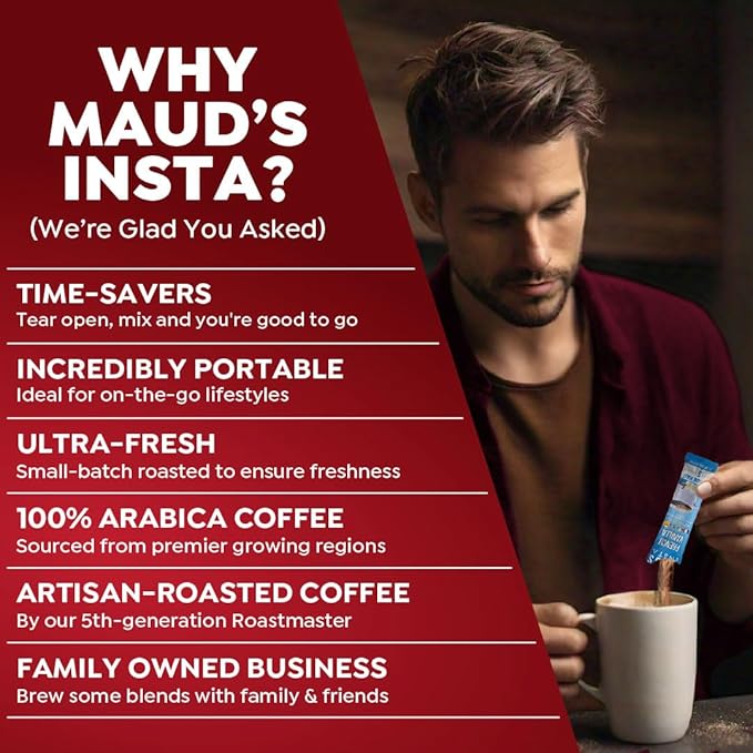 Maud's Flavored Instant Coffee Variety Pack, 48 ct, Caramel, Hazelnut, Raspberry, Vanilla, 100% Arabica Coffee, Medium Roast, Instant Hot or Iced Coffee - Just add water