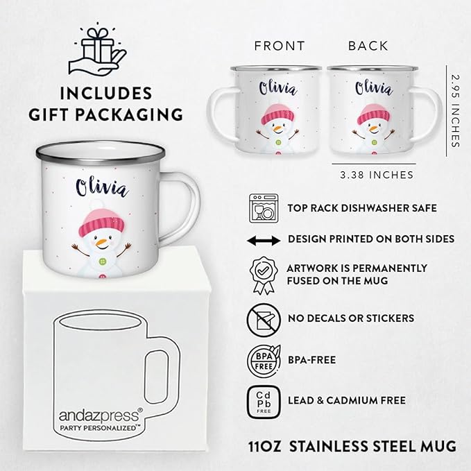 Andaz Press Personalized Name 11Oz. Kids Christmas Hot Chocolate Stainless Steel Campfire Coffee Mug, Charming Snowman Pink Hat Hello, 1-Pack, Custom Birthday Xmas Cup Hot Cocoa Mugs Christmas Mugs