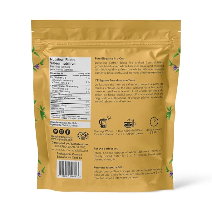 Eupherbia Saffron Black Tea, Handpicked, Highland Grown Whole Leaf Tea, Enriched with 3 Grams of Premium Saffron Threads, Brisk, Earthy, Aromatic, 227g (8 oz)