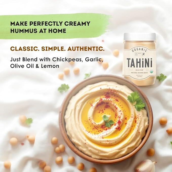 Organic Tahini Paste 16 oz (1lb) - Unhulled White Sesame Tahini Dressing - USDA Certified, Gluten Free, Kosher - Creamy Organic Tahini Sauce for Dressigns, Dips, Spreads & Hummus - The Holly Tree