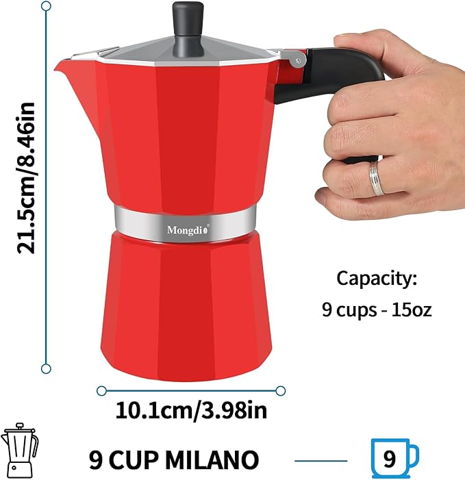 Mongdio Stovetop Espresso Maker Moka Pot, Stove Top Cuban Coffee Maker, Italian Greca Mocha Pot, 9 Espresso Cups, 15 oz - Red