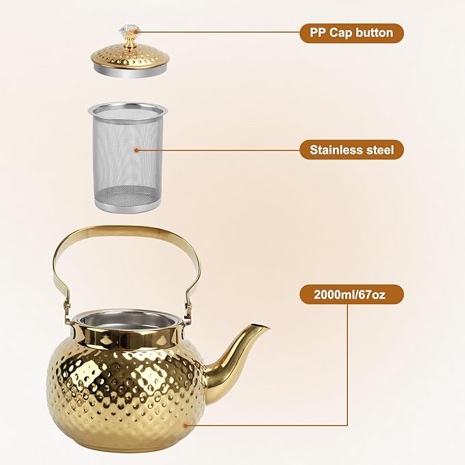 2L Hammered Tea Kettle, Stainless Steel Tea/Coffee Pot Loose Leaf Teapot for Tea, Milk, Coffee, 2L Teapot with Strainer Stovetop Tea Kettle, Outdoor Travel Supplies, Gift For Tea (Gold 2L)