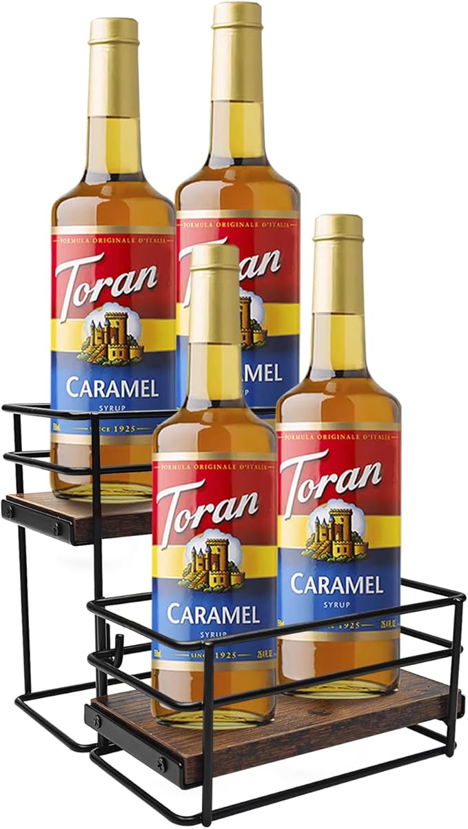 4 Bottle Coffee Syrup Rack Organizer 2 Tier Syrup Holder Stand for Coffee Bar Syrup Storage Shelves for Bar Family Storage Small Wine Rack for Syrup Wine Dressing