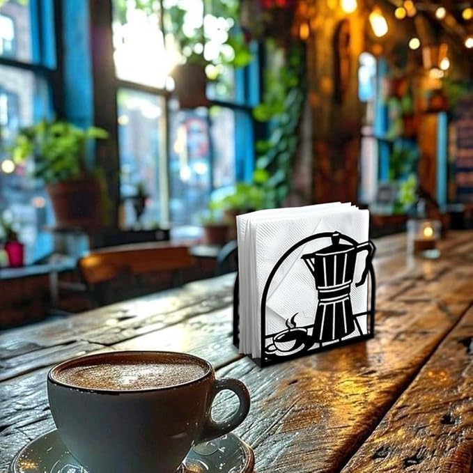 Coffee Pot Decorative Black Metal Napkin Holder for Table, 5.3" x 4.9" x 1.9" Standing Napkin Holder for Home Kitchen Restaurant Picnic Party Coffee Bar Dining Room