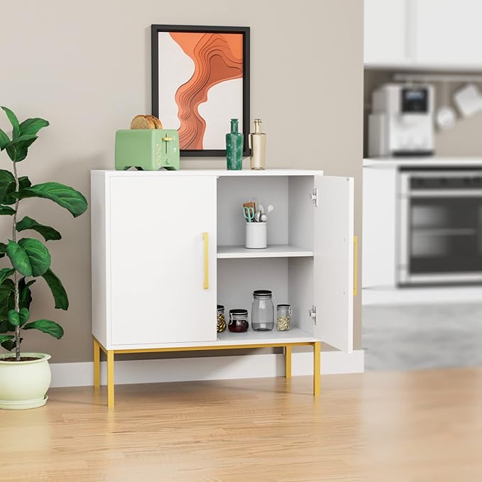 CARPETNAL Set of 2 Accent Storage Cabinet with Doors and Adjustable Shelf, Freestanding Buffet Cabinet, Modern Sideboard Buffet Cabinet for Living Room, Dining Room, Kitchen, Hallway (White)