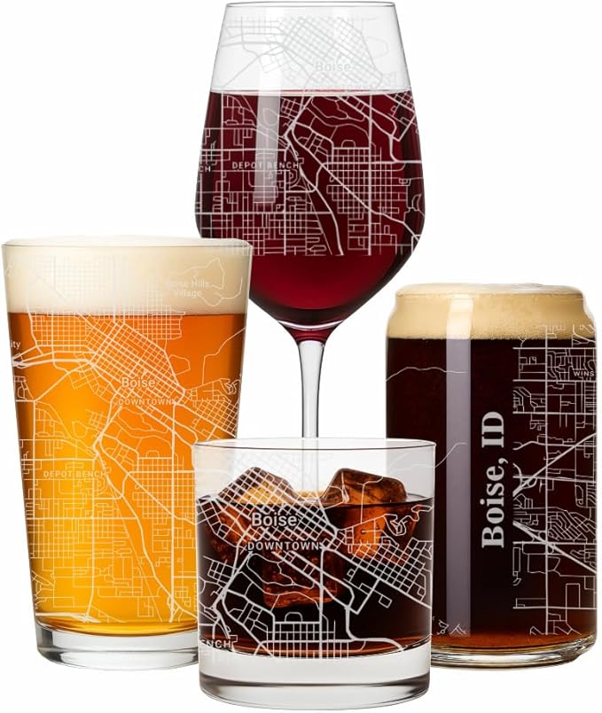 Blue Ridge Mountain Gifts - Boise Souvenir - Idaho Glassware Gift, Etched City Map, Laser Engraved and Dishwasher Safe