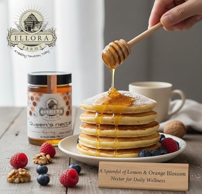 Ellora Farms Greek Honey, Lemon & Orange Blossom Pure Honey, Island of Crete, Kosher, 2025 Paris Platinum Award, Non-GMO and Unpasteurized, Gift Pack with Dipper - 450 g