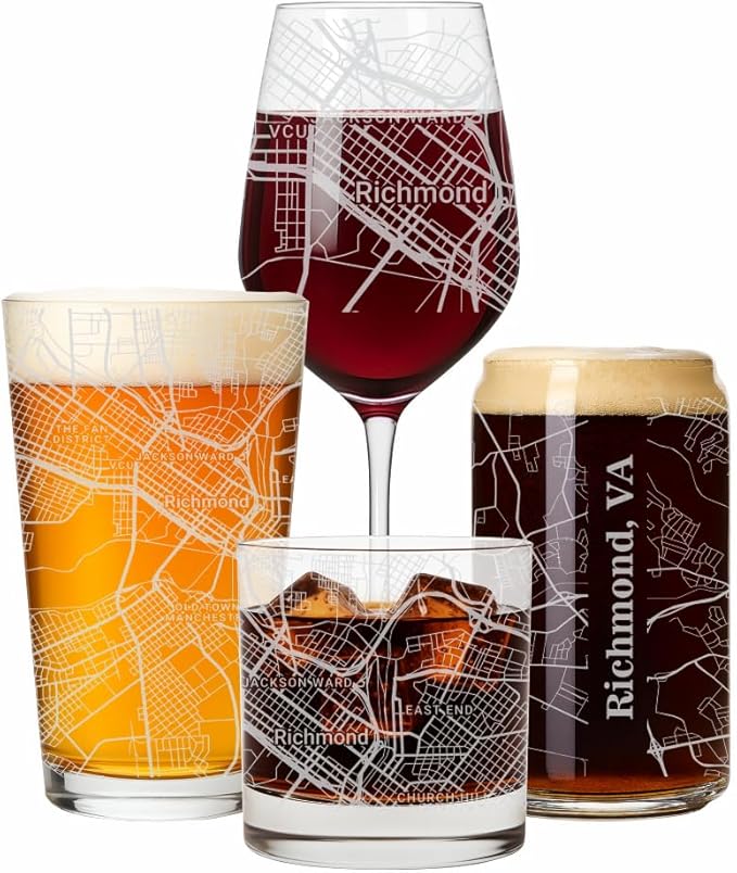 Blue Ridge Mountain Gifts - Richmond Souvenir - Virginia Glassware Gift, Etched City Map, Laser Engraved and Dishwasher Safe