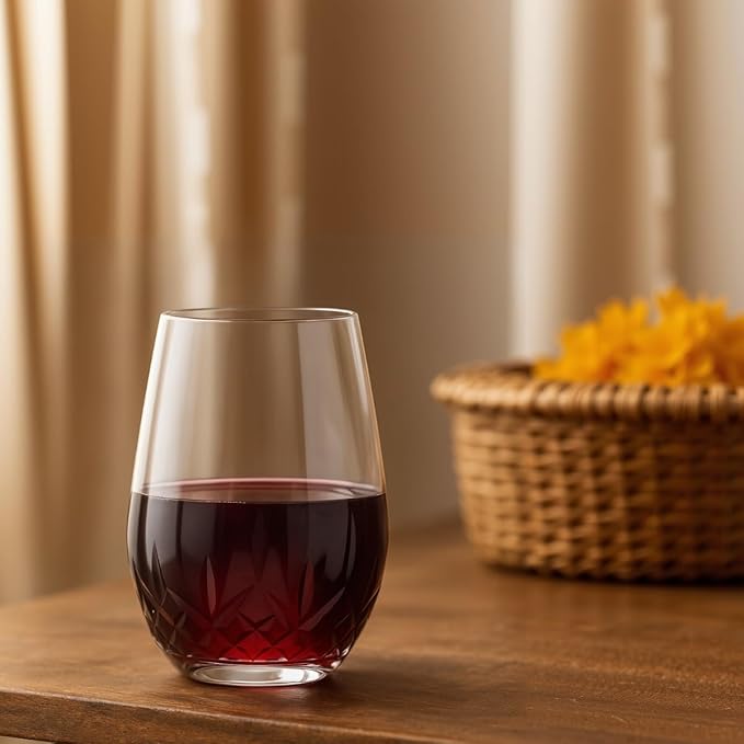SHOSHIN - Hand Cut Stemless Wine Glass Set of 4, Large 18 oz Crystal Glass, Wine Tumblers for Red and White Wine, Water Glasses, Drinking Glasses