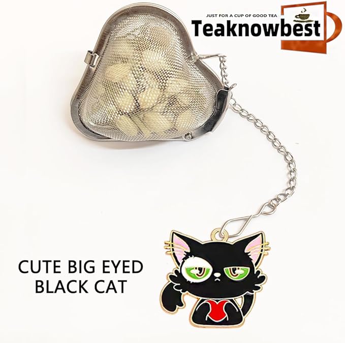 Cute cat Tea infuser, 2pcs loose tea strainer, Heart shaped tea ball + animal pendant, reusable tea steeper makes afternoon tea meaningful (Big eyed Cat, 2PCS)