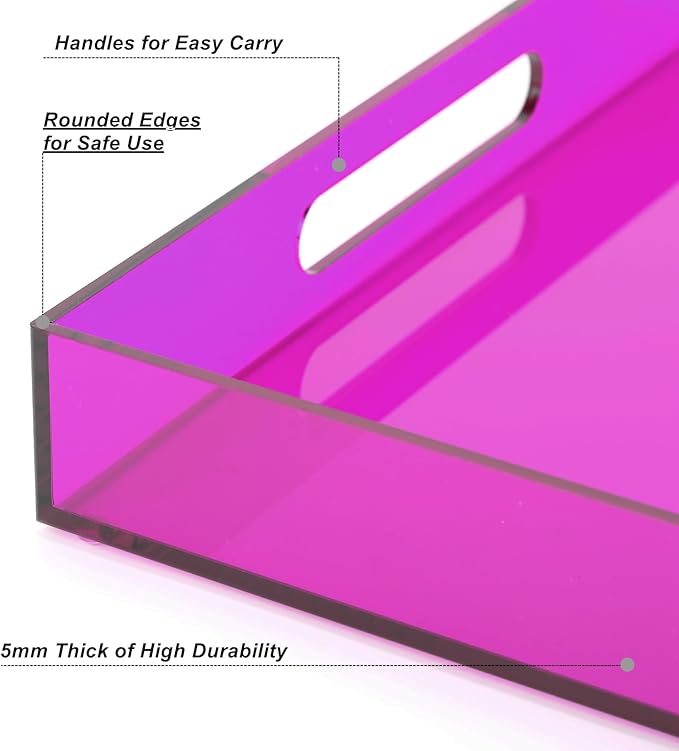 Large Acrylic Tray Ottoman Coffee Table Tray with Handles 17x13'' Decorative Serving Platter for Food Tea Dinner Snack Eating Bar Party, Purple