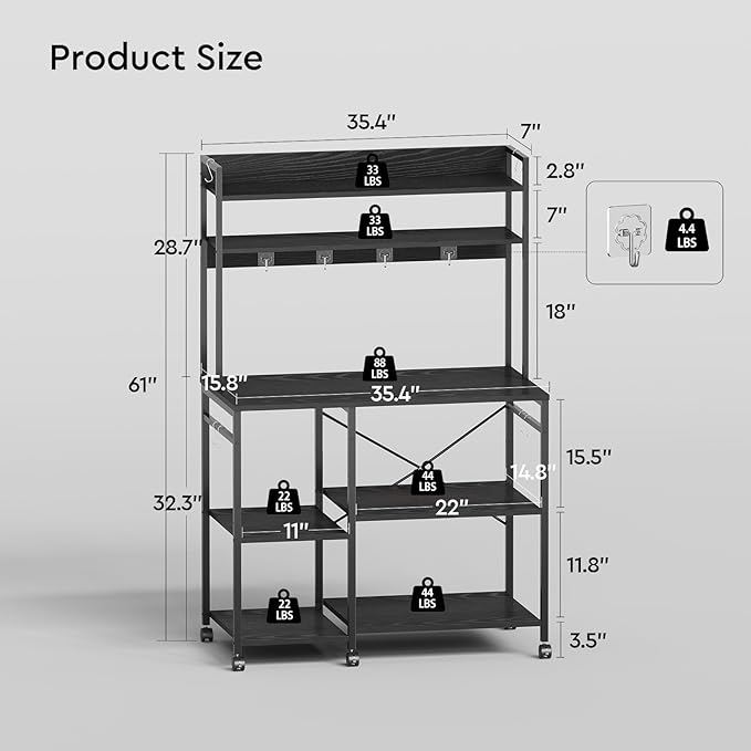 Kitchen Bakers Rack with Storage，Microwave Stand with Wheels，with Adjustable Shelves，Kitchen Shelves，Coffee Bar with 10 S-Shaped Hooks，35.4 * 15.8 * 61 Inches，Black