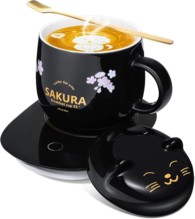 Honeydak Coffee Mug Warmer Cute Cat Mug Set Cup Warmer for Desk for Women Heated Coffee Warmer for Mom Home Office Christmas Birthday Gifts(Black)