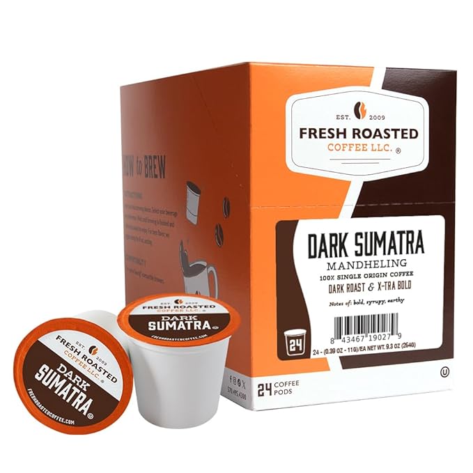 Fresh Roasted Coffee, Dark Sumatra Mandheling |100% Single Origin | Dark Roast, 24 Pods for K Cup Brewers