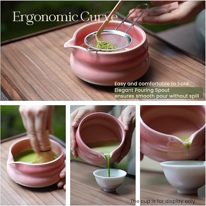 7pcs sunset pink matcha whisk set with cute 'Chubby Belly' design - complete matcha kit set includes bamboo whisk, bowl, stand, scoop, sifter, towel -ideal gift for women and Japanese tea ceremony