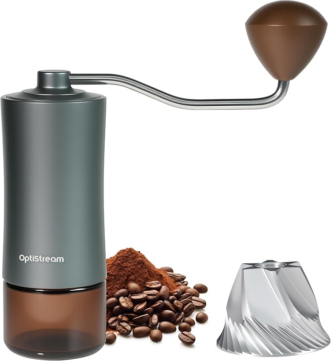 6-Burr Manual Coffee Grinder – Easy-Use CNC420 High-Carbon Steel, Gray Aluminum Body & Glass Jar, 25 g Capacity, Slim design for travel