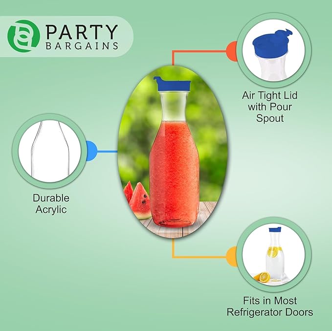 PARTY BARGAINS 50 oz. Plastic Carafe with Lids - Clear, 3 Count, Blue Flip Tab Lid Premium Quality & Heavy Duty Plastic Pitcher for Iced Tea, Powdered Juice, Cold Brew, Mimosa Bar Blue Cap