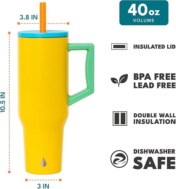 Elemental 40 oz Tumbler with Handle and Straw - Spill Proof Insulated Stainless Steel Commuter for Hot and Cold Beverages - Travel Coffee Mug with 2 Straws & Spill Proof Lid - 40oz - Lemon Zest