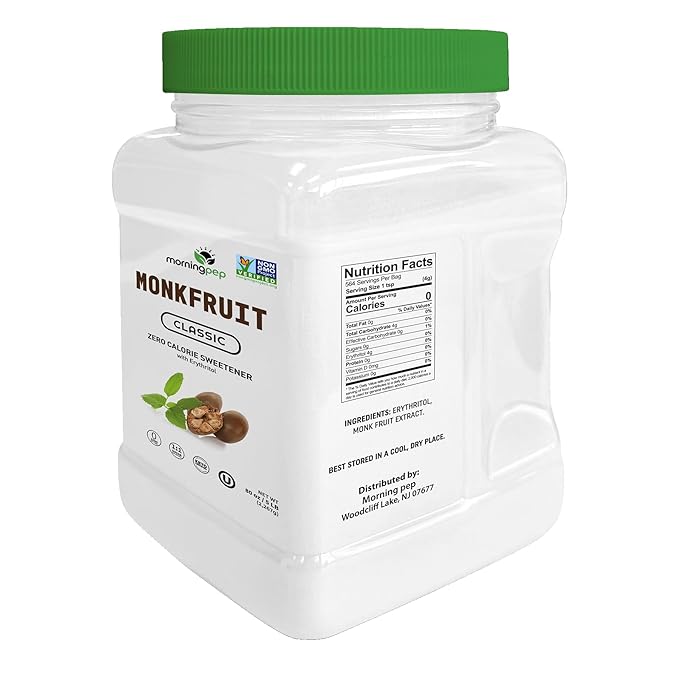 Morning Pep Monk Fruit Sweetener, Classic | White Sugar Substitute, Keto Diet Friendly, 1:1 Sugar Replacement, For Baking, Coffee, Tea, Zero Calorie Non Gmo Project Verified, OU Kosher, White - 5 lb