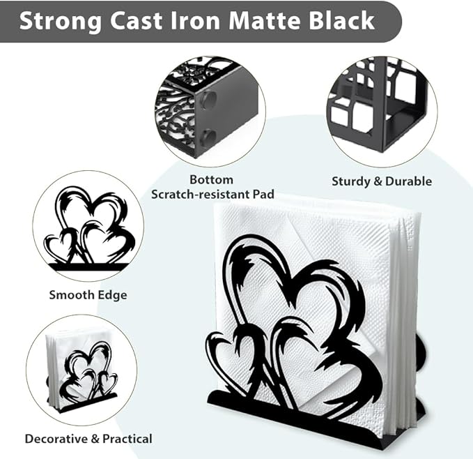Heart and Love Decorative Black Metal Napkin Holder for Table, 5.3" x 4.9" x 1.9" Heart Standing Napkin Holder for Home Kitchen Restaurant Picnic Party Coffee Bar Dining Room