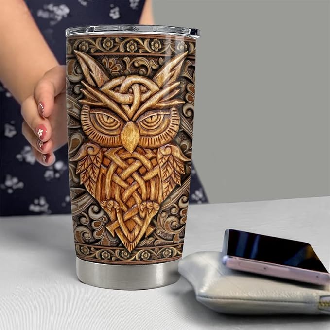 SANDJEST Owl Tumbler 20oz Owls Wood Drawing Stainless Steel Insulated Tumblers Coffee Travel Mug Cup Gifts for Women Men Owl Gift for Birthday Christmas