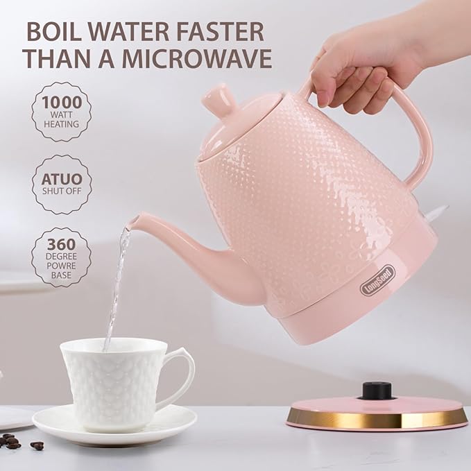 1.2 Liters Ceramic Electric Kettle Pot, Boil Water Quickly and Easily with Boil-Dry Protection, Auto Shut Off, Detachable Swivel Base, Graceful Gooseneck Teapot 1000W, Pink