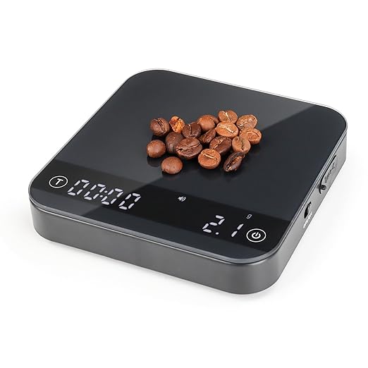 KitchenTour CaféMetric Coffee Scale with Timer 0.1g/2000g - Precision Small Scale for Espresso & Pour Over - Mini Scale with LED Display (Black, Rechargeable)