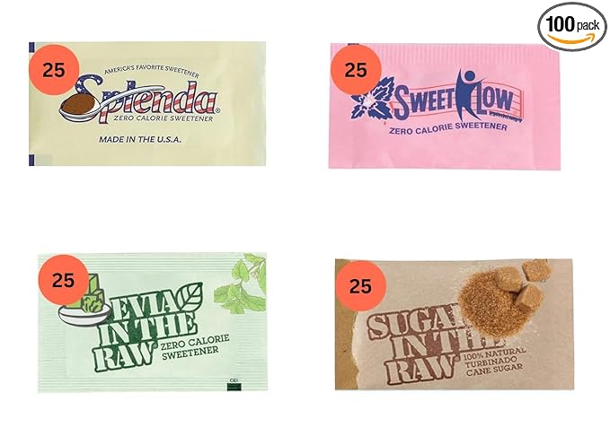 Sugar Packets Variety Pack - 100 Count Assorted Pack with Stevia, Cane Sugar & Substitutes – Individual Sweeteners for Coffee Station, Stvia, Home, Office & Travel