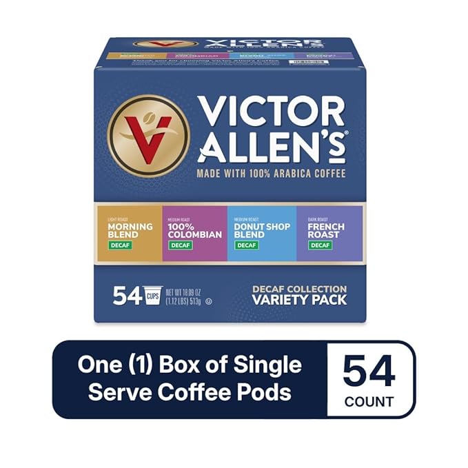 Victor Allen's Coffee Decaf Coffee Variety Pack (Decaf Donut Shop Blend, Morning Blend, French Roast, 100% Colombian), 54 Count, Single Serve Coffee Pods for Keurig K-Cup Brewers