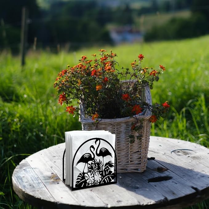 Flamingos Animal Decorative Black Metal Napkin Holder for Table, 5.3" x 4.9" x 1.9" Tropical Leaves Standing Napkin Holder for Home Kitchen Restaurant Picnic Party Coffee Bar Dining Room