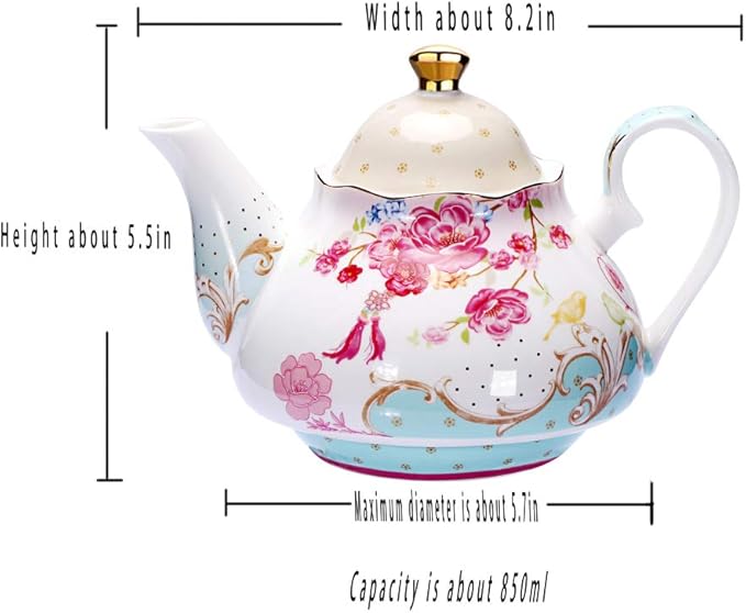 Tea Pot Bone China Floral Design Vintage Teapot Loose Tea Women and Tea lovers 850 ml about 4 Cups Gift Box