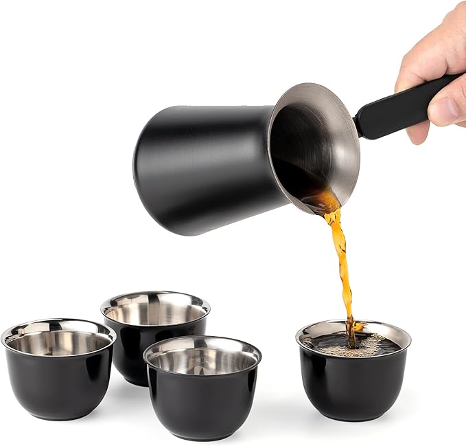 Turkish Coffee Pot Set- Coffee Maker, Briki Greek Turkish Pot with 4 Small Cups, Arabic Tea Pot, Cezve/Ibrik Coffee Pot for Stovetop(1 pot and 4 small cups)