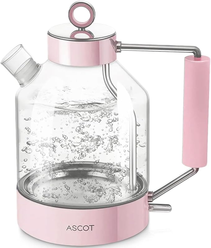 Electric Kettle, ASCOT Glass Electric Tea Kettle 1.5L 1500W Retro Tea Heater & Hot Water Boiler, No Plastic, BPA-Free, Cordless, with Auto Shut-Off and Boil-Dry Protection (Pink)