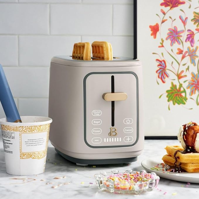 Beautiful by Drew Barrymore 2-Slice Toaster, Touch-Activated Display, 7 Shade Settings, Bagel/Frozen/Reheat Presets. (Porcini Taupe)