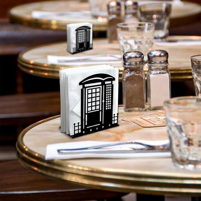 Telephone Booth Decorative Black Metal Napkin Holder for Table, 4.9" x 5.3" x 1.9" Phone Booth Standing Napkin Holder for Home Kitchen Restaurant Picnic Party Coffee Bar Dining Room