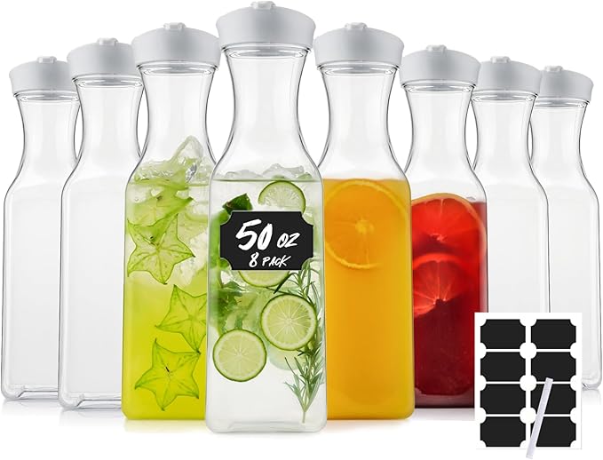 50 Oz Water Carafe with Lids, Square Plastic Pitcher for Mimosa Bar, Drinks, Milk, Iced Tea, Juice Container for Fridge, BPA-Free, NOT DISHWASHER SAFE (8 Pack)