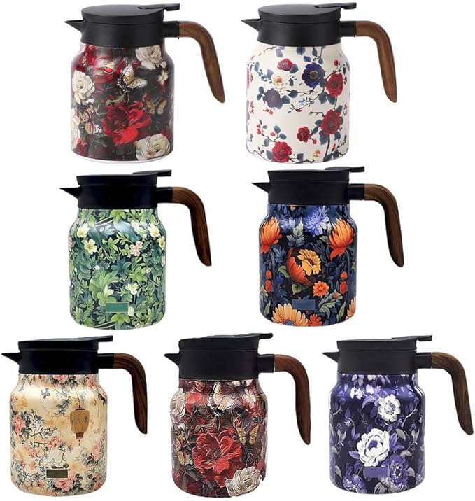 Vintage Floral Pattern Tea Pots – Built-in Infuser,Vintage Floral Teapot with Built In Infuser Stainless Steel Thermal Carafe with Lid for Hot Drinks,Red(Wooden handle,35oz)
