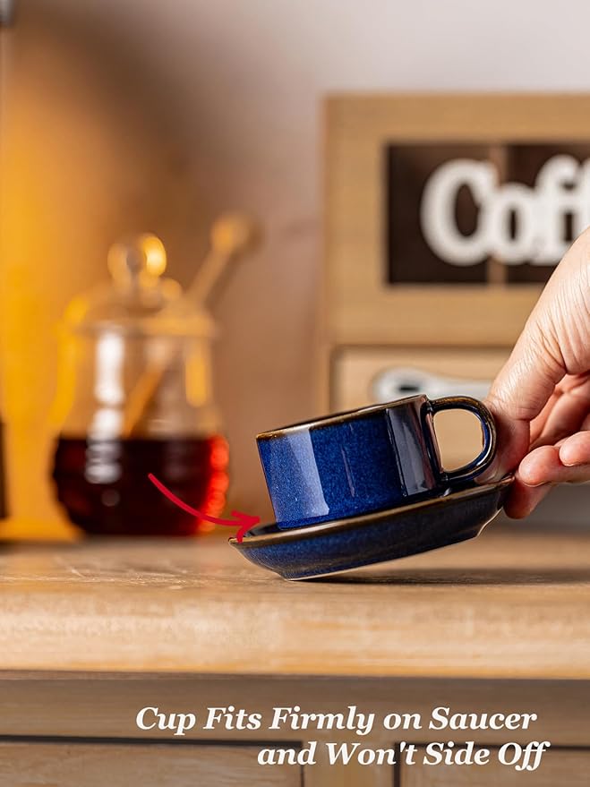 Gomakren 2.5 Ounce Espresso Cups Set of 4, Small Stackable Coffee Cups with Saucers and Metal Stand, Christmas Porcelain Demitasse Cups for Specialty Coffee Drinks, Espresso, Cappuccino, Cobalt Blue