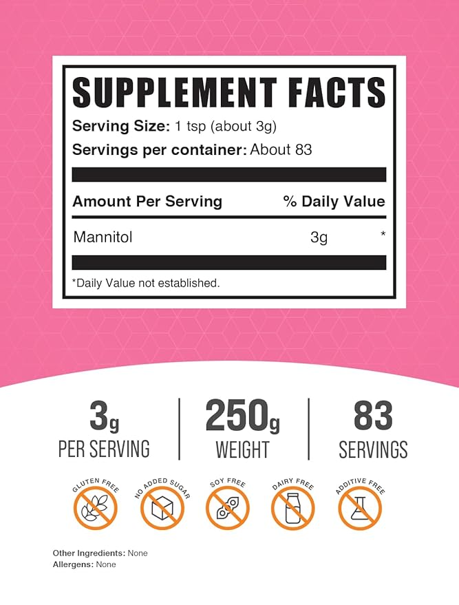 BulkSupplements.com Mannitol Powder - Mannitol Sweetener, Sugar Substitute, Mannitol Supplement, Natural & Gluten Free, 3g per Servings, 250g (8.8 oz) (Pack of 1)
