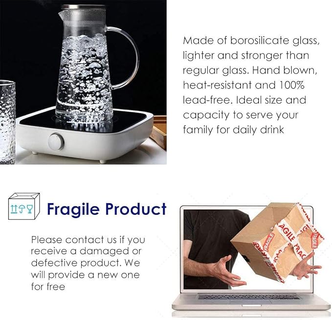 Glass Pitcher With Lid, 51oz/1.5Liter Water Carafe With Handle for Fridge, Iced Tea, Milk, Hot and Cold Beverage, Borosilicate Juice Jug