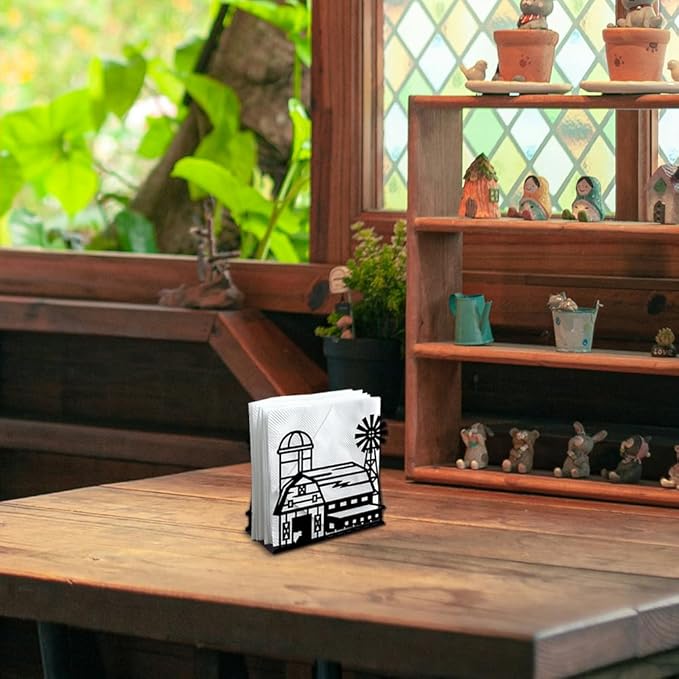 Farm Barn Decorative Black Metal Napkin Holder for Table, 5.3" x 4.9" x 1.9" Barn Farm Rustic Standing Napkin Holder for Home Kitchen Restaurant Picnic Party Coffee Bar Dining Room