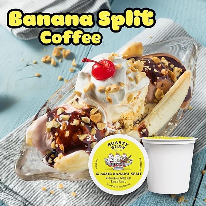 Roasty Buds Coffe Banana Split Pods 12 Count | Single-Serve 11g Per Pod | Recyclable, Gluten-Free, Non-GMO, No Sugar/Dairy/Soy/Egg