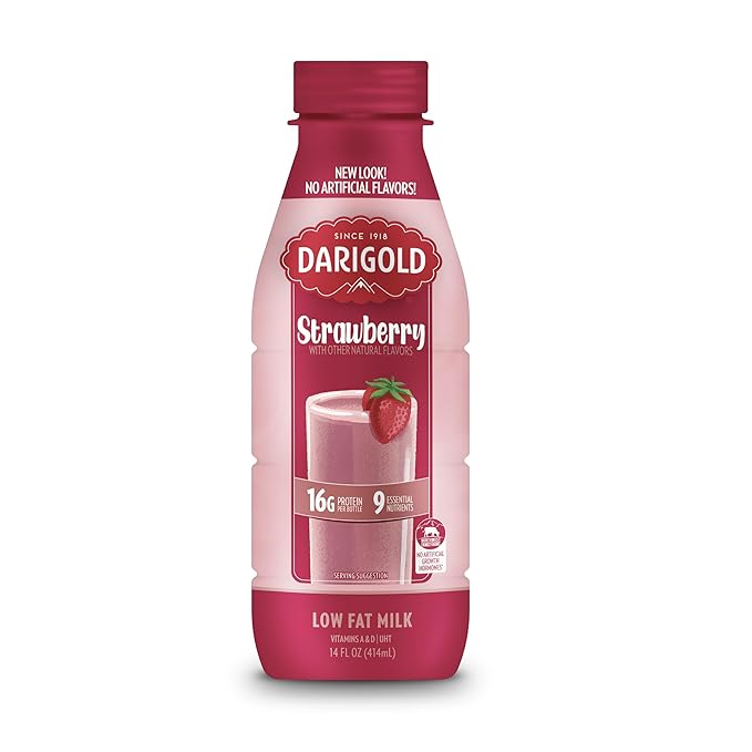 Darigold 1 Percent Milk, Reduced Fat Shelf Stable Milk with 9 Essential Nutrients, 16g Protein, rsBT Free - 14oz, 12 Pack (Strawberry)