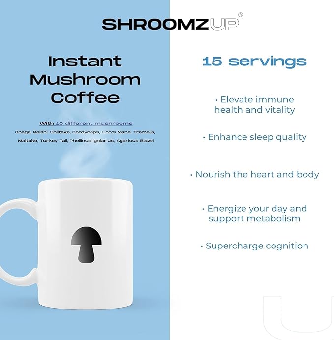 Shroomzup Mushroom Coffee Instant with 10 Mushrooms - 15 Single Packets with Reishi, Lion's Mane, Chaga, Turkey Tail, Cordyceps Mushrooms - Nootropic Mushroom Coffee for Energy Vegan Shroom Coffee