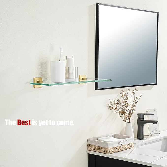 JQK Bathroom Glass Shelf, Floating Tempered Glass Shower Storage 20 by 5 inches, 304 Stainless Steel Brushed Gold Wall Mount, TGS201L20-BG